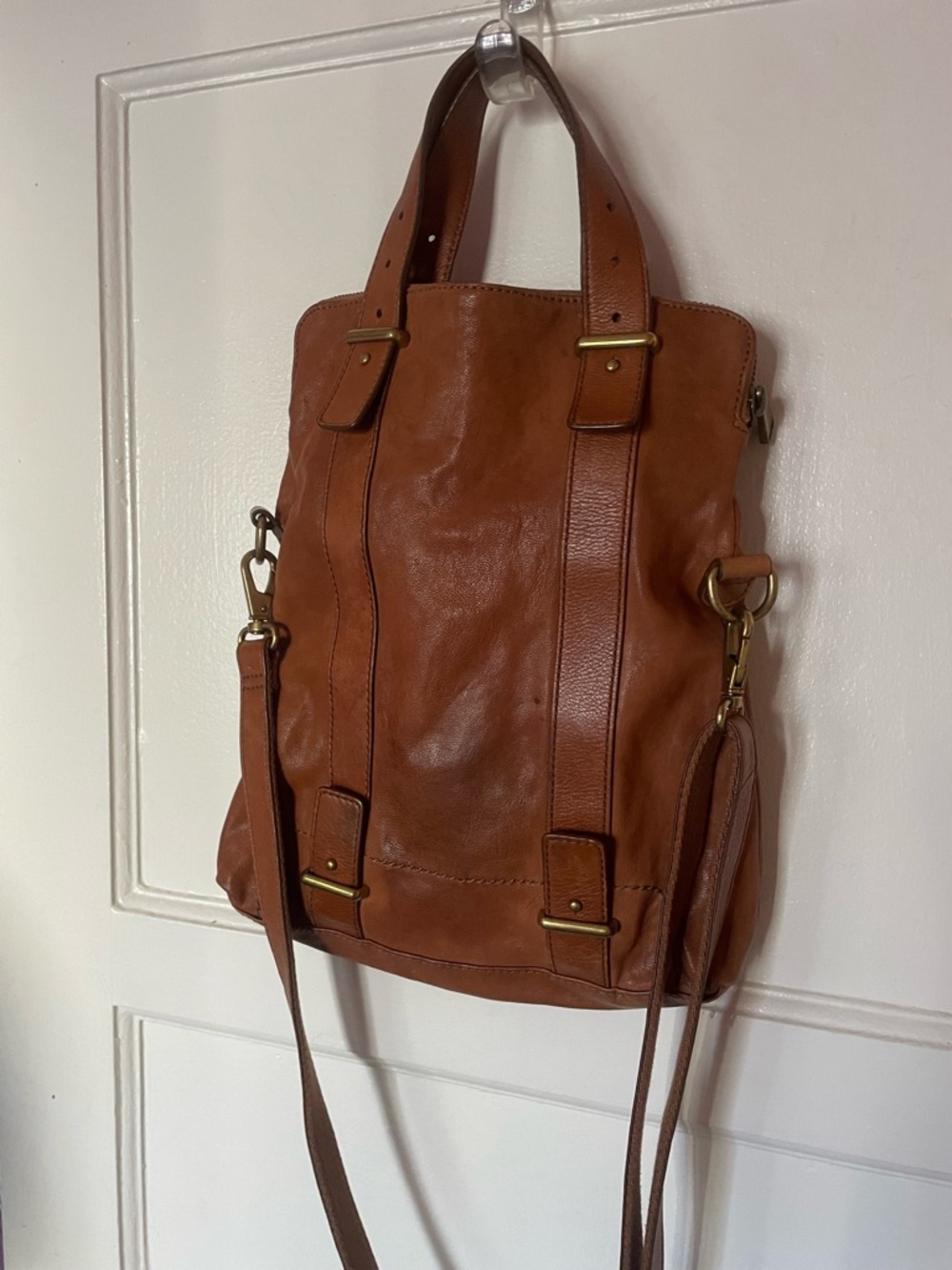 Fossil Brown Leather Fold over Convertible Tote Bag